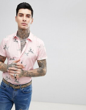 デビルズ アドボケート メンズ シャツ トップス Devil's Advocate Short Sleeve Slim Fit Crane Print Shirt Pink