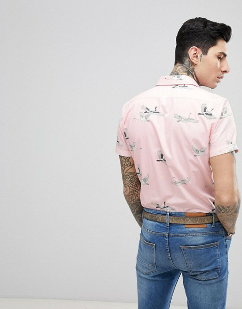 デビルズ アドボケート メンズ シャツ トップス Devil's Advocate Short Sleeve Slim Fit Crane Print Shirt Pink