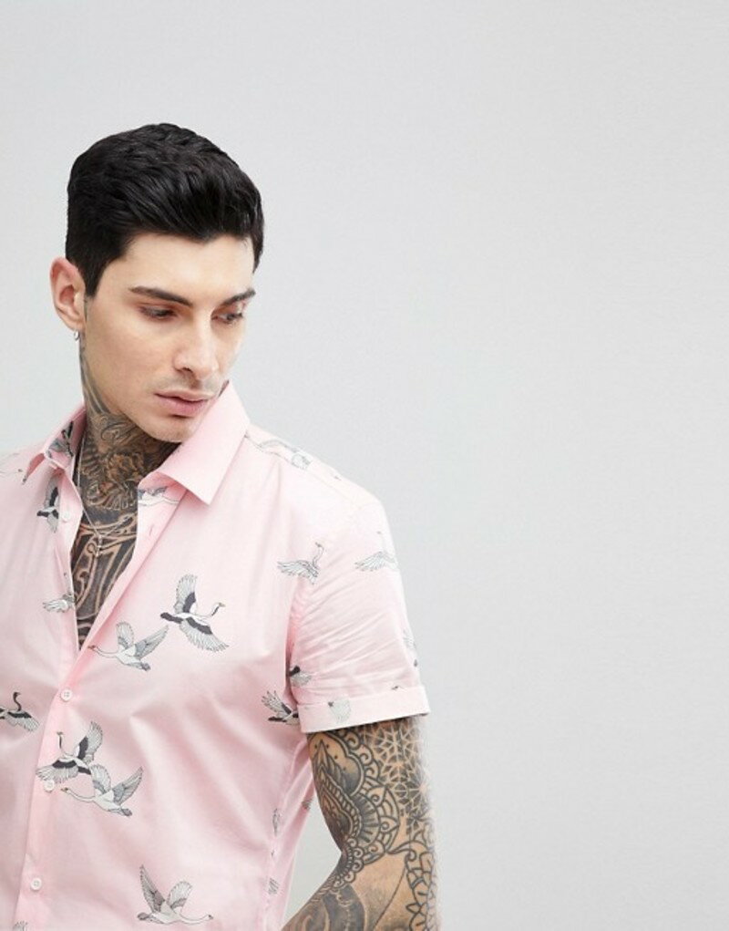 デビルズ アドボケート メンズ シャツ トップス Devil's Advocate Short Sleeve Slim Fit Crane Print Shirt Pink