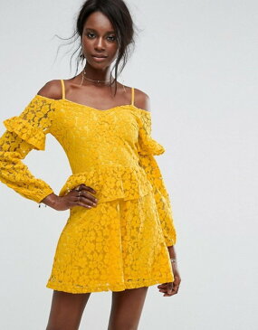 ミスガイデッド レディース ワンピース トップス Missguided Cold Shoulder Ruffle Lace Dress Yellow