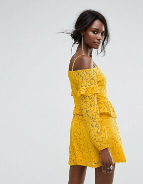 ミスガイデッド レディース ワンピース トップス Missguided Cold Shoulder Ruffle Lace Dress Yellow