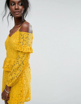 ミスガイデッド レディース ワンピース トップス Missguided Cold Shoulder Ruffle Lace Dress Yellow