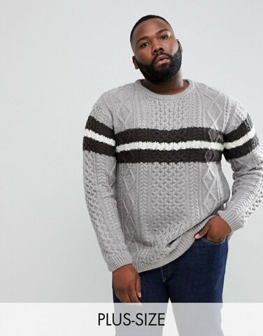 リバーアイランド メンズ ニット・セーター アウター River Island Big & Tall cable knit sweater with stripe in gray Grey