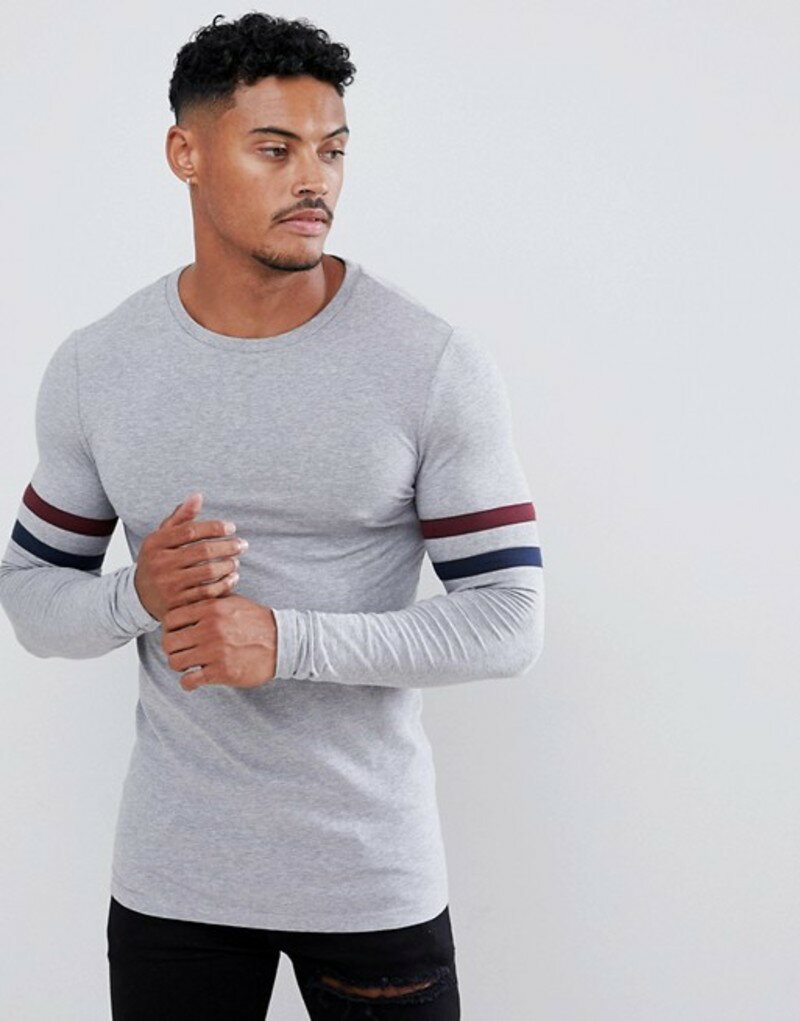 エイソス メンズ Tシャツ トップス ASOS DESIGN muscle fit longline long sleeve t-shirt with contrast sleeve stripe in gray marl Grey marl