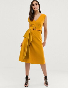 エイソス レディース ワンピース トップス ASOS DESIGN midi satin mix skater dress with belt Mustard