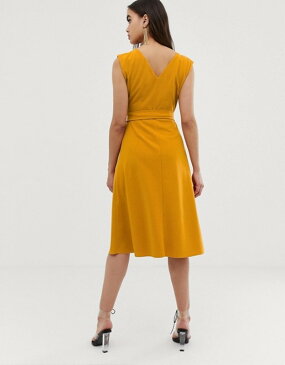 エイソス レディース ワンピース トップス ASOS DESIGN midi satin mix skater dress with belt Mustard