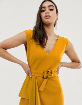 エイソス レディース ワンピース トップス ASOS DESIGN midi satin mix skater dress with belt Mustard