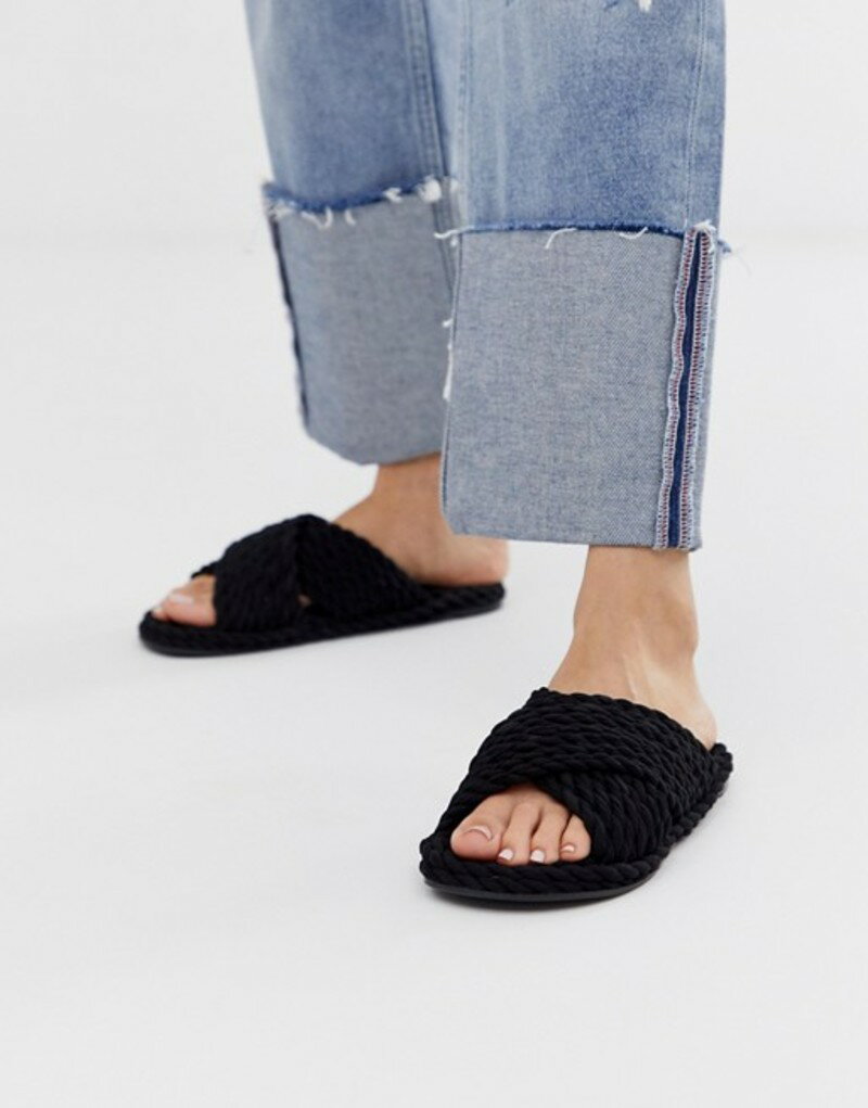 エイソス レディース サンダル シューズ ASOS DESIGN Fin premium cross strap rope sliders in black Black エイソス レディース サンダル シューズ ASOS DESIGN Fin premium cross strap rope sliders in black Black