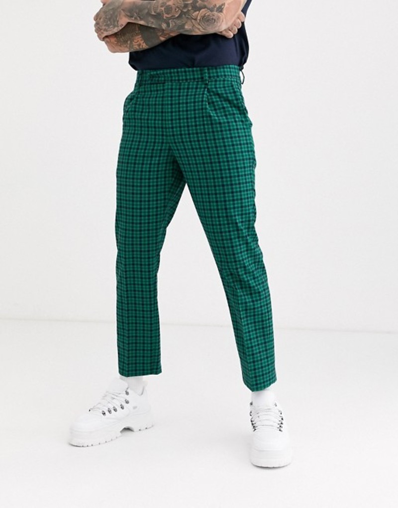 エイソス メンズ カジュアルパンツ ボトムス ASOS DESIGN slim crop smart pants in green check Green