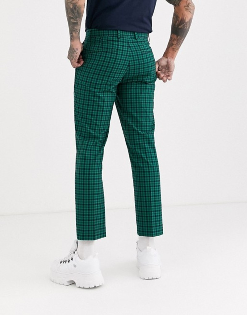 エイソス メンズ カジュアルパンツ ボトムス ASOS DESIGN slim crop smart pants in green check Green