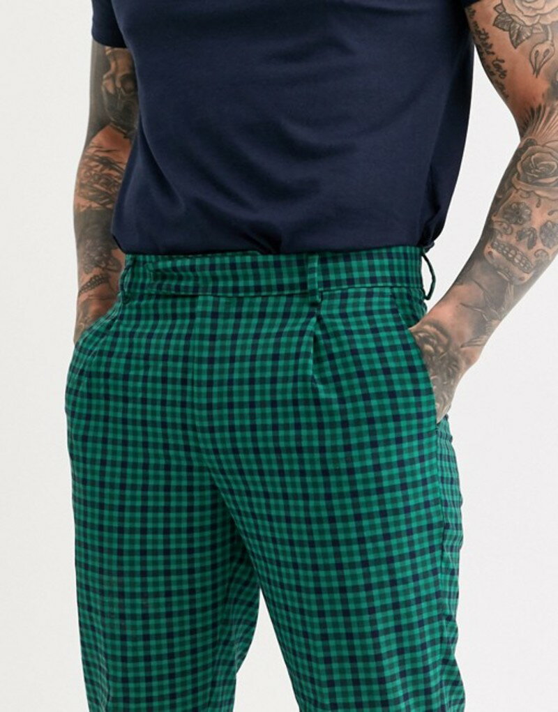 エイソス メンズ カジュアルパンツ ボトムス ASOS DESIGN slim crop smart pants in green check Green