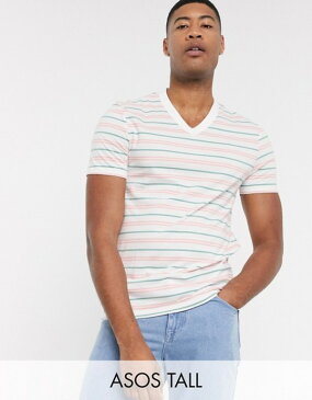 エイソス メンズ Tシャツ トップス ASOS DESIGN Tall organic cotton stripe t-shirt with v neck White