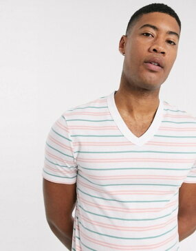 エイソス メンズ Tシャツ トップス ASOS DESIGN Tall organic cotton stripe t-shirt with v neck White