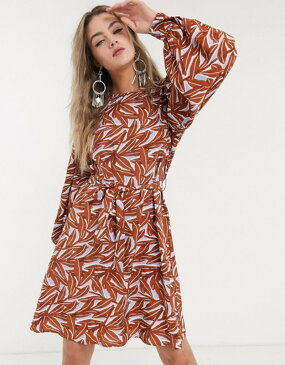 オブジェクト レディース ワンピース トップス Object puff sleeve tie waist dress in leaf print Brown