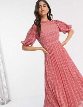 エイソス レディース ワンピース トップス ASOS DESIGN high neck pleated chevron dobby midi dress with puff sleeve in tea rose Tea rose