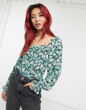 アンドアザーストーリーズ レディース シャツ トップス & Other Stories eco square neck puff sleeve blouse in green floral Green
