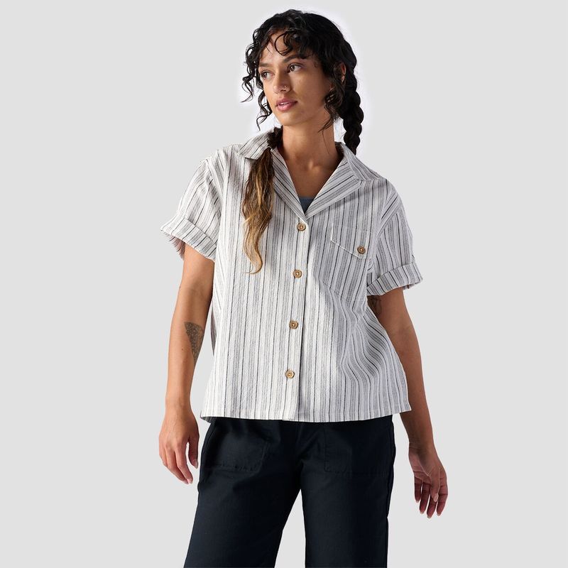 yz obNJg[ fB[X TVc gbvX Textured Cotton Short-Sleeve Button Up - Women's Egret Stripe