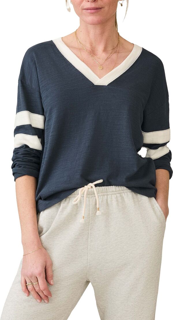 【送料無料】 ファレティ レディース Tシャツ トップス Faherty Women's Sunwashed Slub Varsity T-Shirt Blue Nights