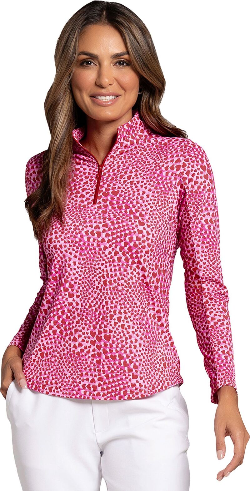 アイビークール レディース トップス シャツ モックネック プリント IBKUL Women's Amanda Print Long Sleeve Mock Neck Golf Shirt Amanda Red/Hot Pink レッド