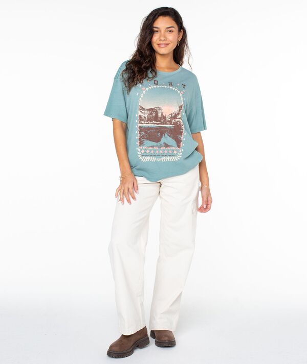 【送料無料】 ロキシー レディース Tシャツ トップス Roxy Women's Folk Mountain Oversized Short Sleeve T-Shirt Mineral Blue