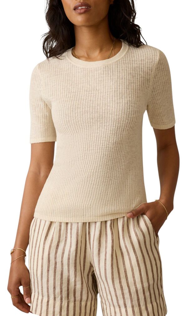 【送料無料】 ファレティ レディース Tシャツ トップス Faherty Women's Miramar Linen Mini Rib T-Shirt Summer Sand