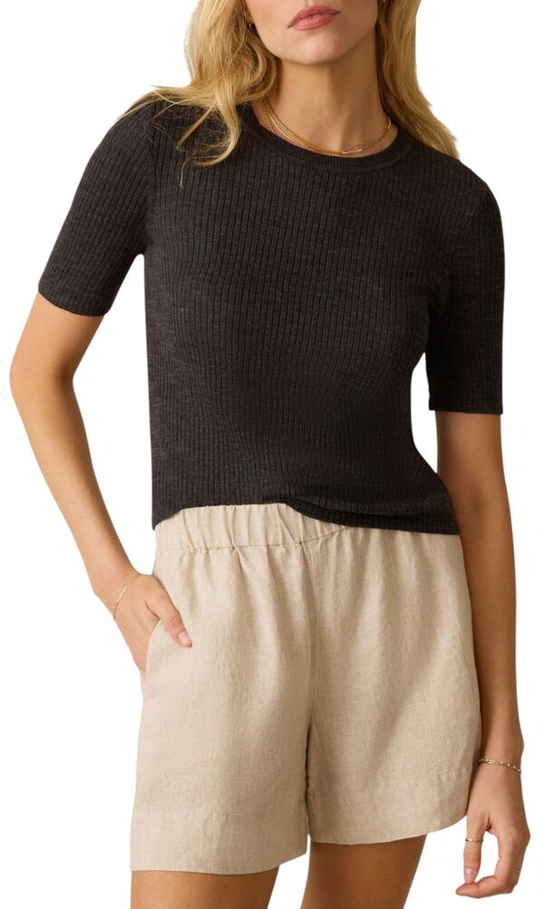 【送料無料】 ファレティ レディース Tシャツ トップス Faherty Women's Miramar Linen Mini Rib T-Shirt Washed Black