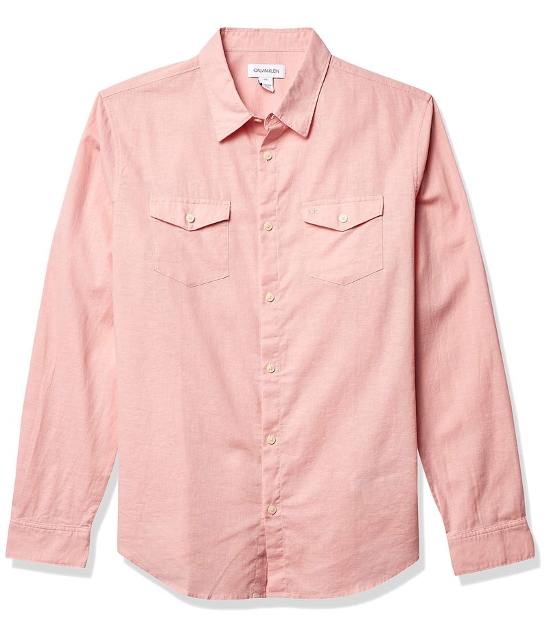 カルバン・クライン カルバンクライン メンズ シャツ トップス Long Sleeve Lightweight Cotton Linen Button Down Shirt Beet Straw