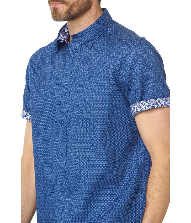 【送料無料】 ジョンストンアンドマーフィー メンズ シャツ トップス Short Sleeve Linked Flower Textured Printed Shirt Navy