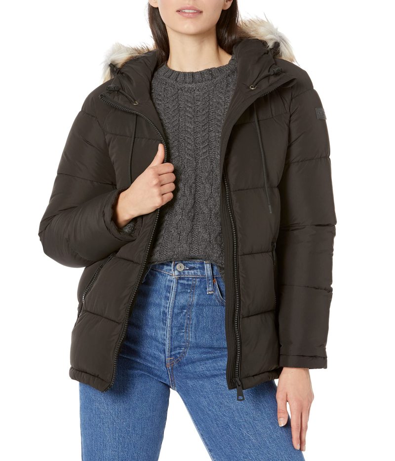 【送料無料】 カルバンクライン レディース コート アウター Short Faux Fur Trimmed Puffer Black