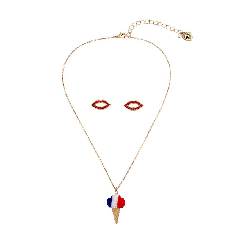 yz xbcBW\ fB[X lbNXE`[J[Ey_ggbv ANZT[ Ice Cream Earrings Necklace Set Red/White/Blue