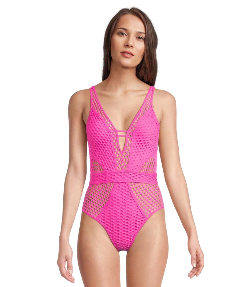 ベッカ レディース 水着 上下セット BECCA Castaway Fishnet Texture Plunge One Piece Azalea