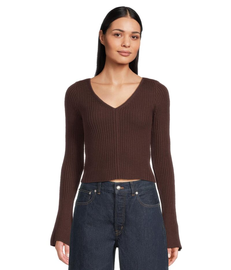 メイドウェル レディース アウター ニット・セーター Vネック リブ Madewell Ribbed Merino Flare Sleeve Vneck Clari Chocolate Raisi チョコレート