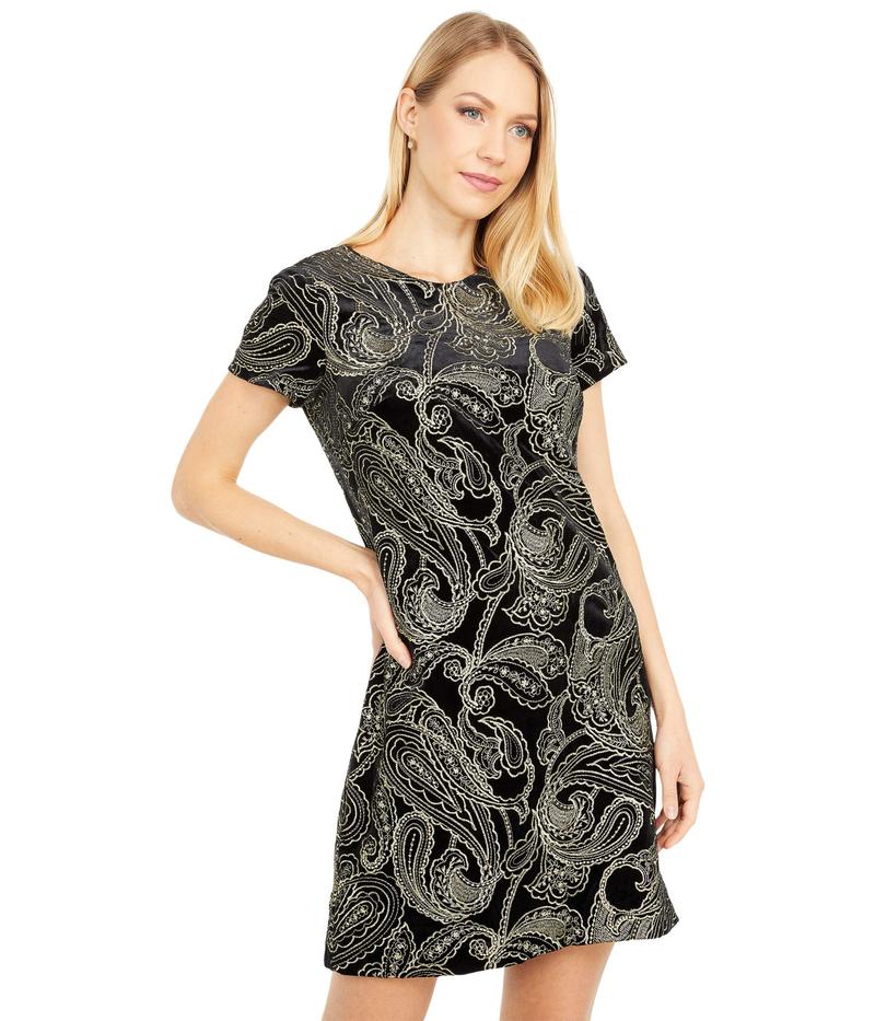 カルバンクライン レディース ワンピース トップス Short Sleeve Patterned Velvet Dress Black/Gold