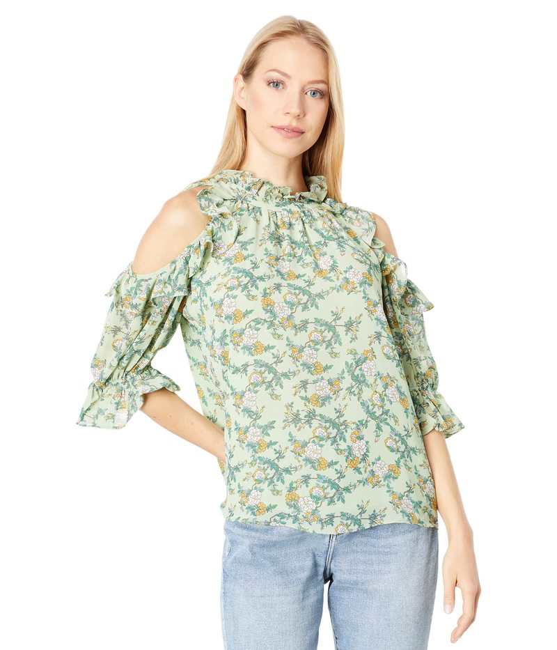 マックスタジオ レディース シャツ トップス Georgette Cold-Shoulder Ruffle Top Green/Yellow Rose Branch