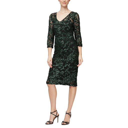 【送料無料】 アレックスイブニングス レディース ワンピース トップス Short V-Neck Sheath Dress with Illusion Neckline and 3/4 Sleeves Black/Green 【送料無料】 アレックスイブニングス レディース ワンピース トップス Short V-Neck Sheath Dress with Illusion Neckline and 3/4 Sleeves Black/Green