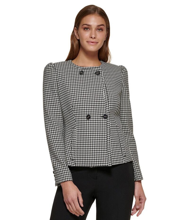 【送料無料】 ダナ キャラン ニューヨーク レディース コート アウター Collarless Puff Sleeve Blazer Black/White