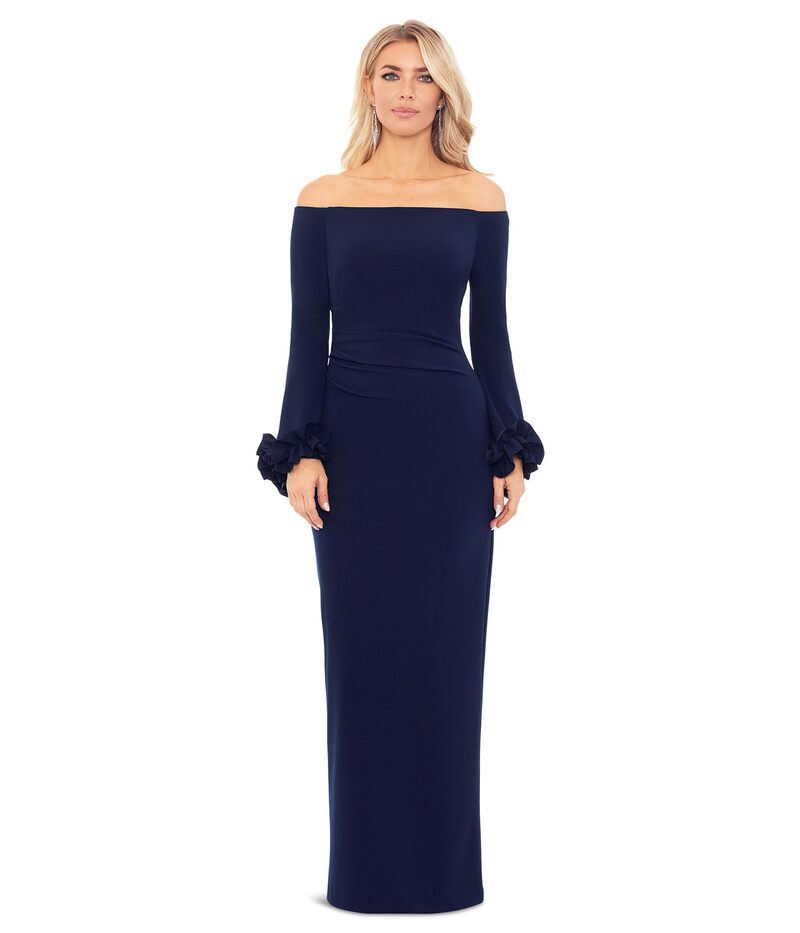 【送料無料】 エスケープ レディース ワンピース トップス Long Scuba Crepe Off-the-Shoulder Ruffle Cuff Navy