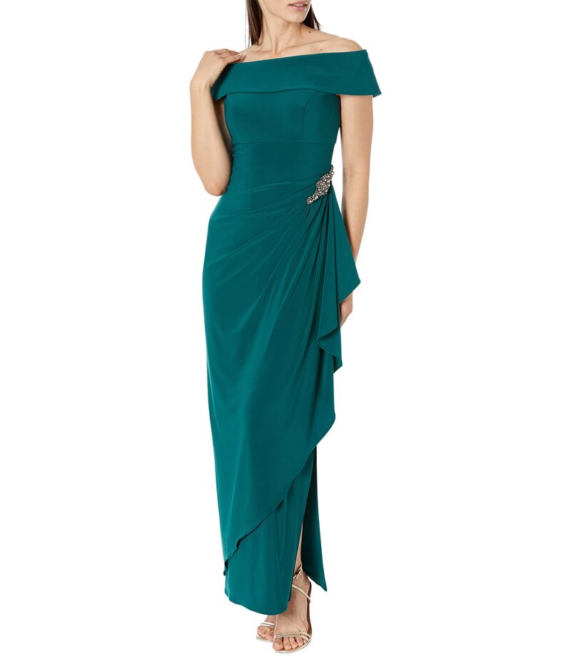 アレックスイブニングス レディース ワンピース トップス Long Off-the-Shoulder Dress With Fold-Over Cuff Embellishment Detail at Hip and Cascade Ruffle Skirt Emerald Green