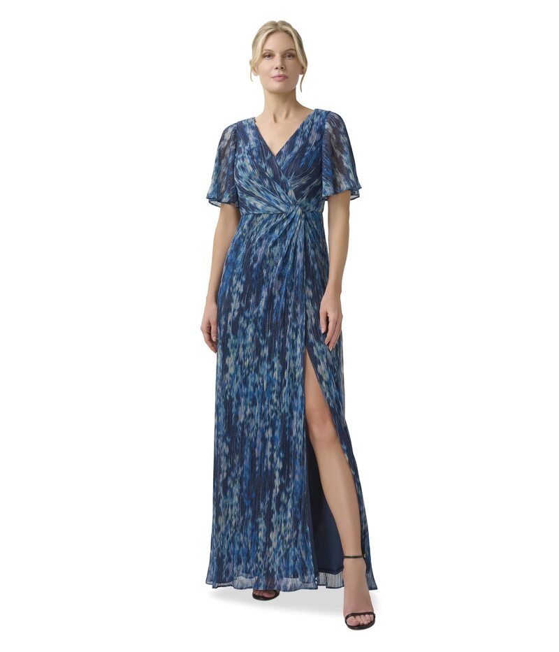 【送料無料】 アドリアナ パペル レディース ワンピース トップス Long Crinkle Metallic Gown Navy Multi