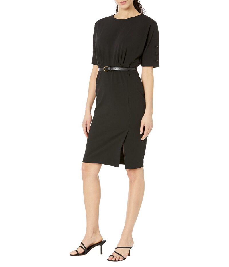 カルバンクライン ベルト（レディース） 【送料無料】 カルバンクライン レディース ワンピース トップス Scuba Crepe Dress with Belt and Sleeve Button Detail Black