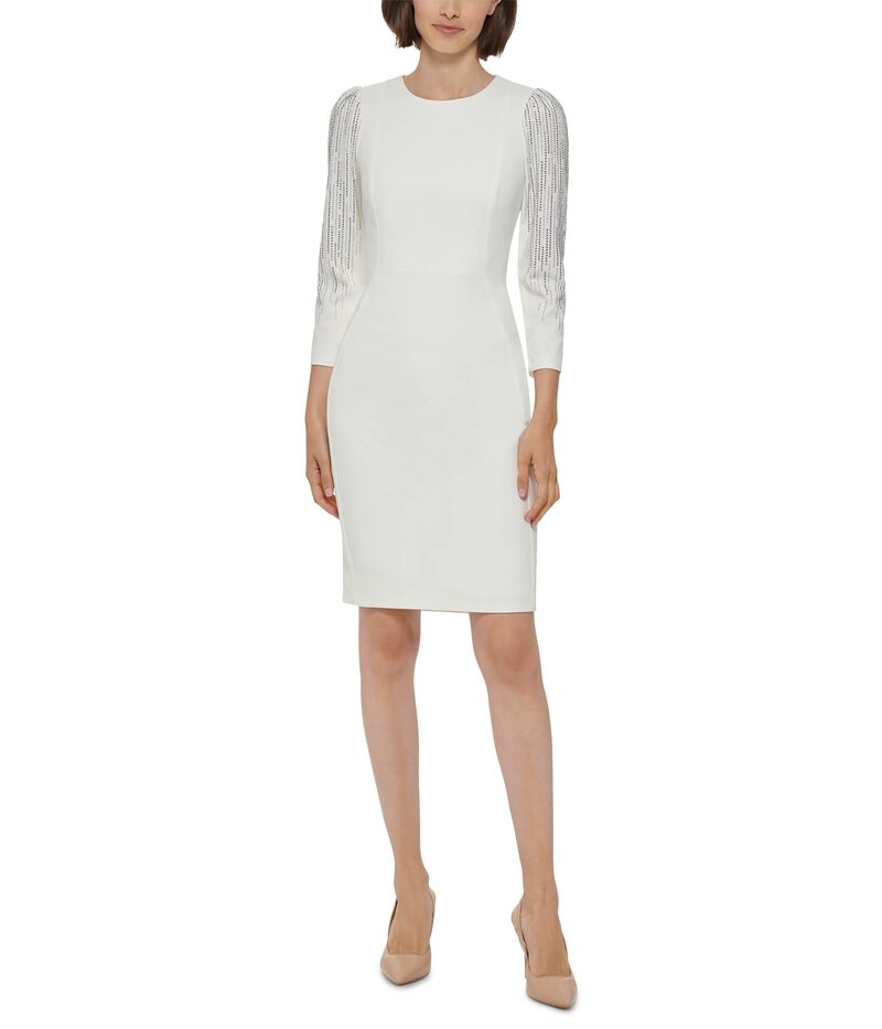 【送料無料】 カルバンクライン レディース ワンピース トップス Scuba Crepe Sheath with Beaded 3/4 Sleeves Cream