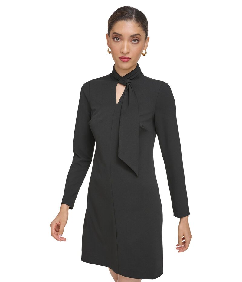 【送料無料】 カルバンクライン レディース ワンピース トップス Faux Tie Neck Shift Dress with Keyhole Neck Detail Black