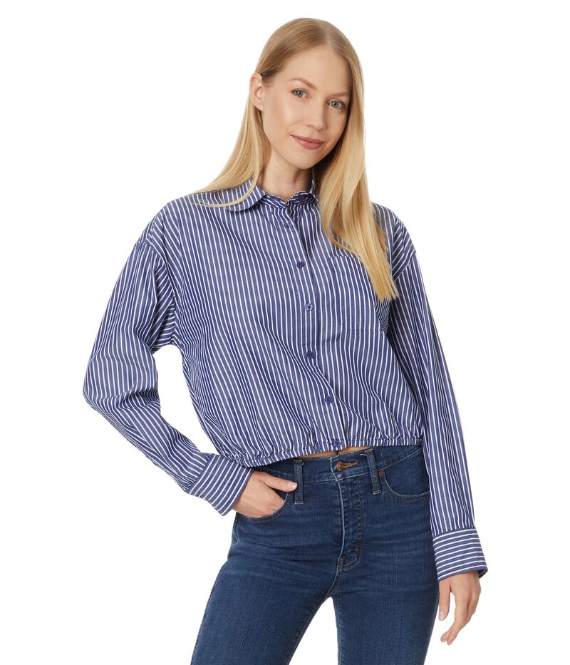 【送料無料】 カットフロムザクロス レディース シャツ トップス Presley - Crop Button Down L/S With Elastic Hem Navy / White