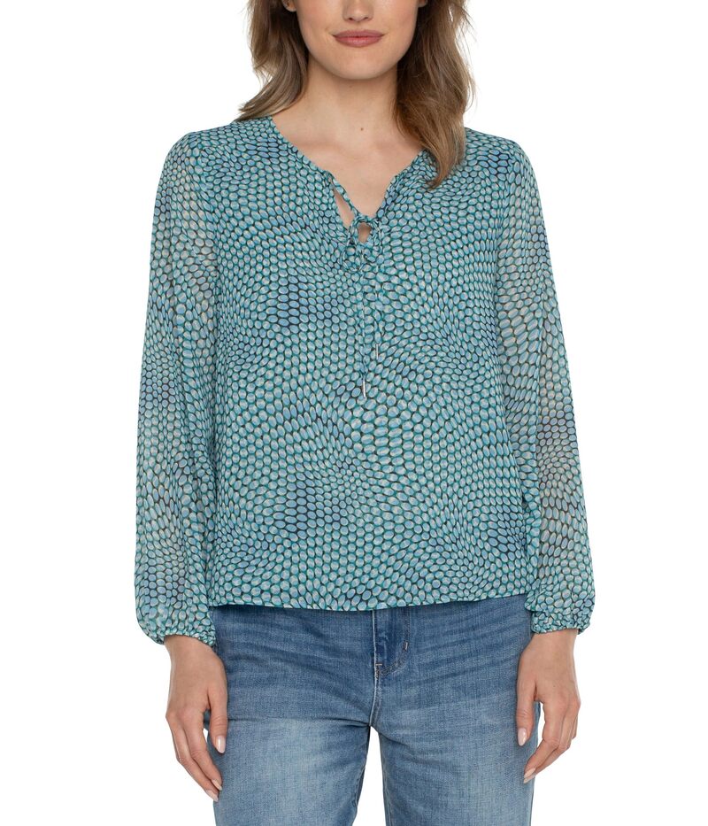 yz @v[ T[X fB[X Vc uEX gbvX Long Sleeve Tie Front Blouse with Shirred Back Ocean Blue Dot