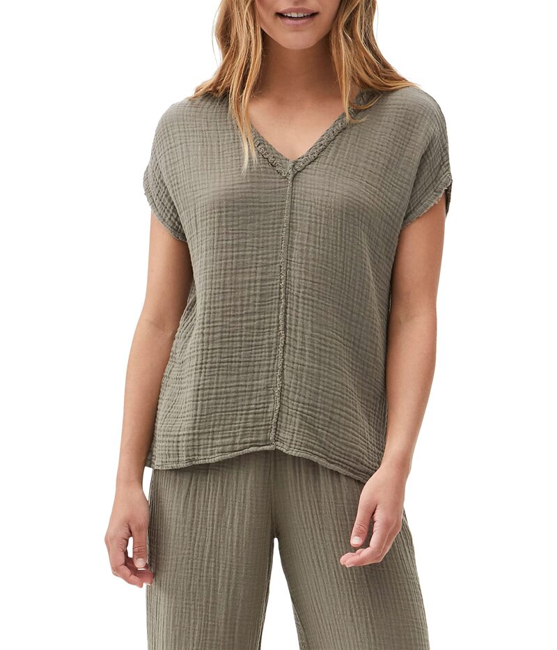 【送料無料】 マイケルスターズ レディース シャツ トップス Draya Double Gauze V-Neck Tee Olive