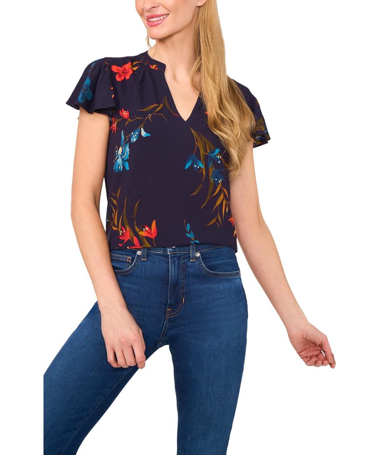 セセ レディース トップス シャツ Vネック ブラウス CeCe V-neck Shirred Neck Flutter Sleeve Blouse Classic Navy ネイビー