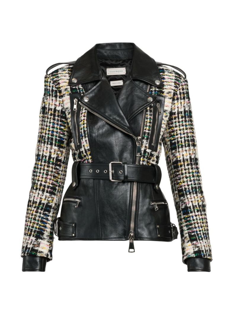 【送料無料】 アレキサンダー・マックイーン レディース ジャケット・ブルゾン アウター Leather & Tweed Biker Jacket black multicolor