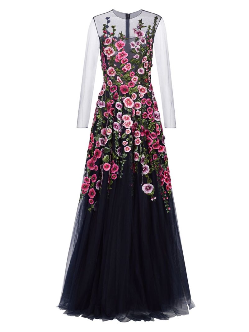 ̵     ǥ ԡ ȥåץ Hollyhocks Threadwork Tulle Long-Sleeve Gown navy multi