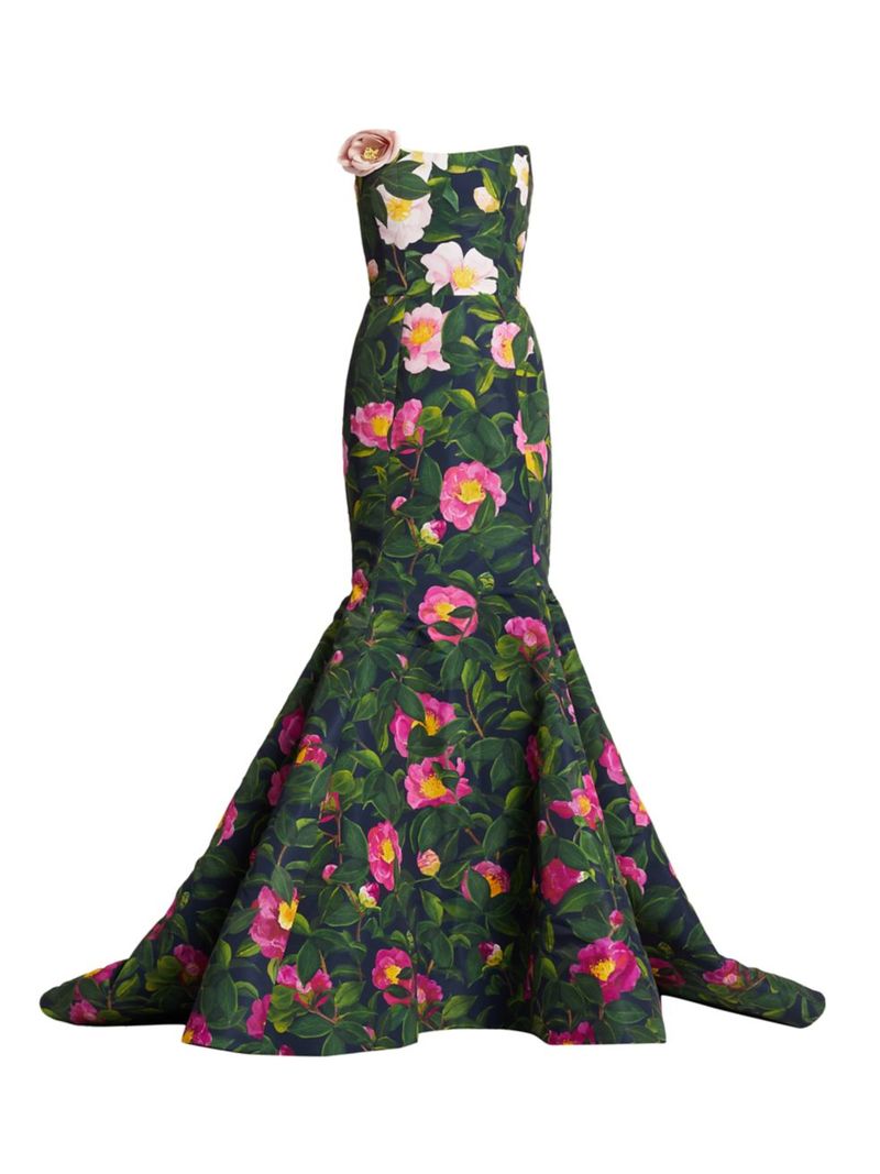 【送料無料】 オスカー デ ラ レンタ レディース ワンピース トップス Camellia Print Faille Mermaid Gown pink navy