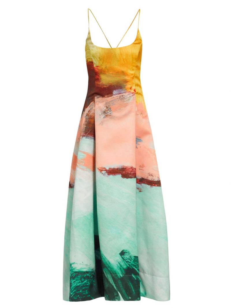 ̵     ǥ ԡ ȥåץ Abstract Print Satin Pleated Gown teal multi